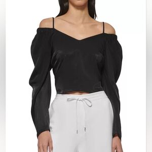 New DKNY Cold Shoulder Blouson Puff Sleeve Black Top size XL